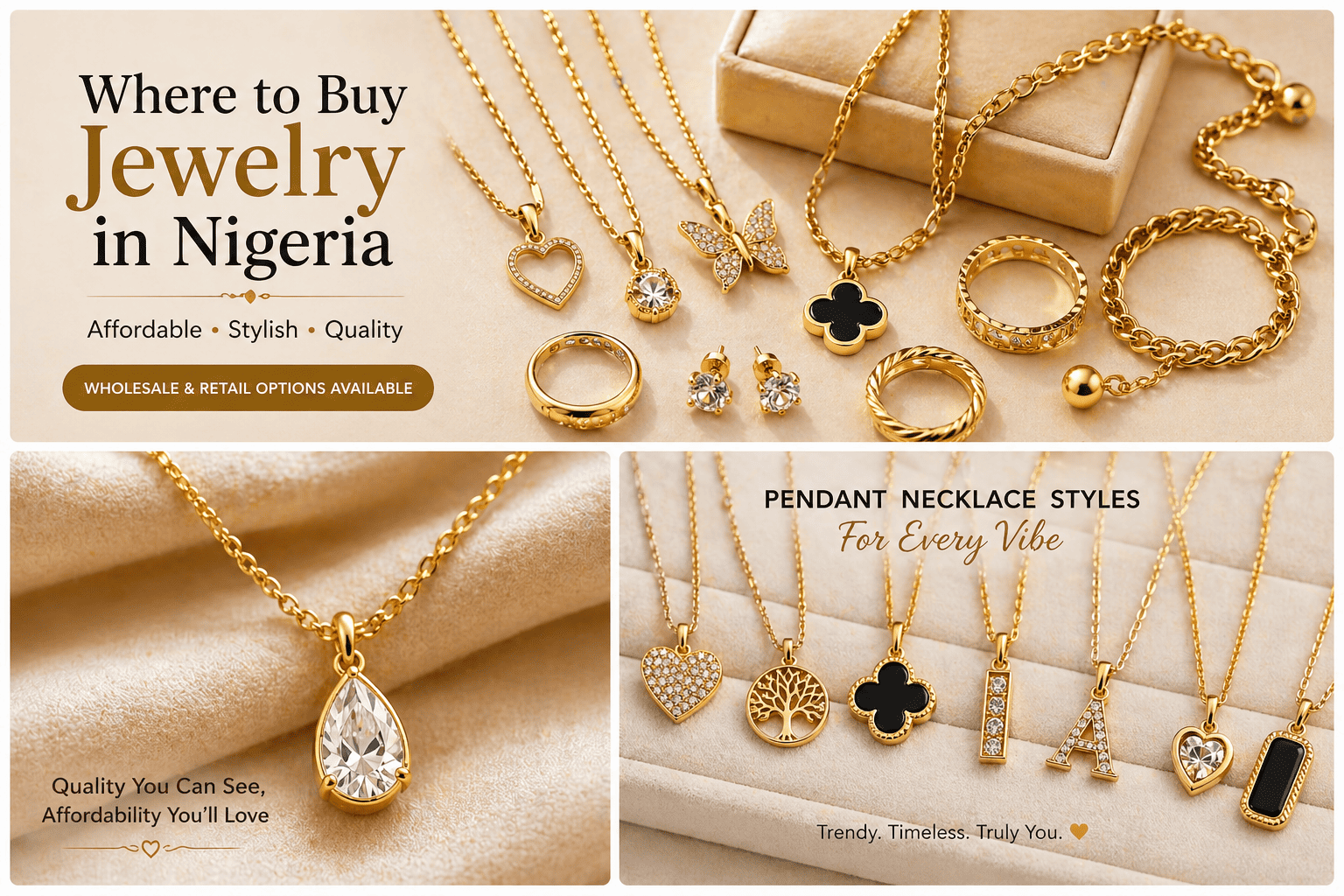 Where to buy affordable stylish quality jewelry in Nigeria - gold necklaces bracelets rings and pendant necklace styles collection available wholesale and retail at June Jewels Niger