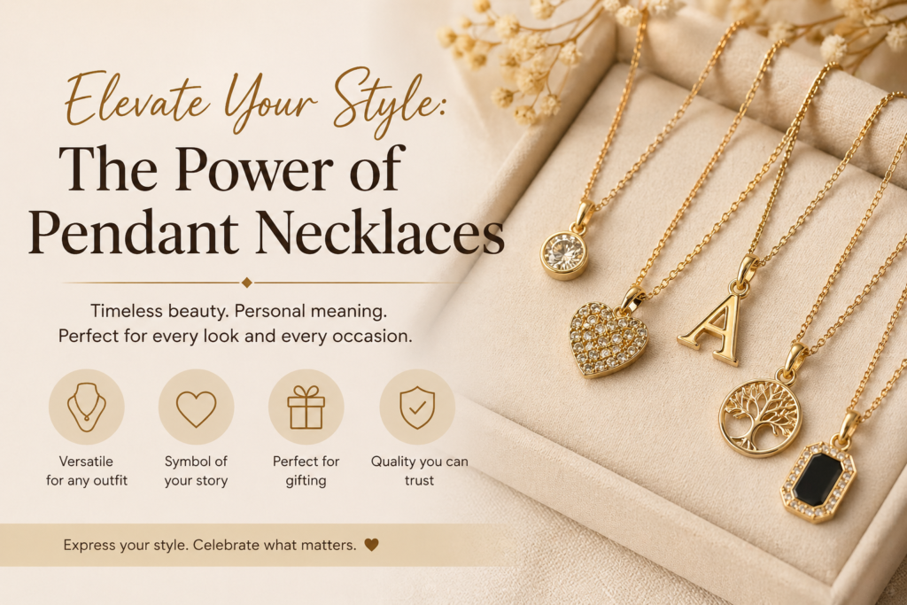 Elegant gold pendant necklaces on display including heart, initial, and gemstone designs for women