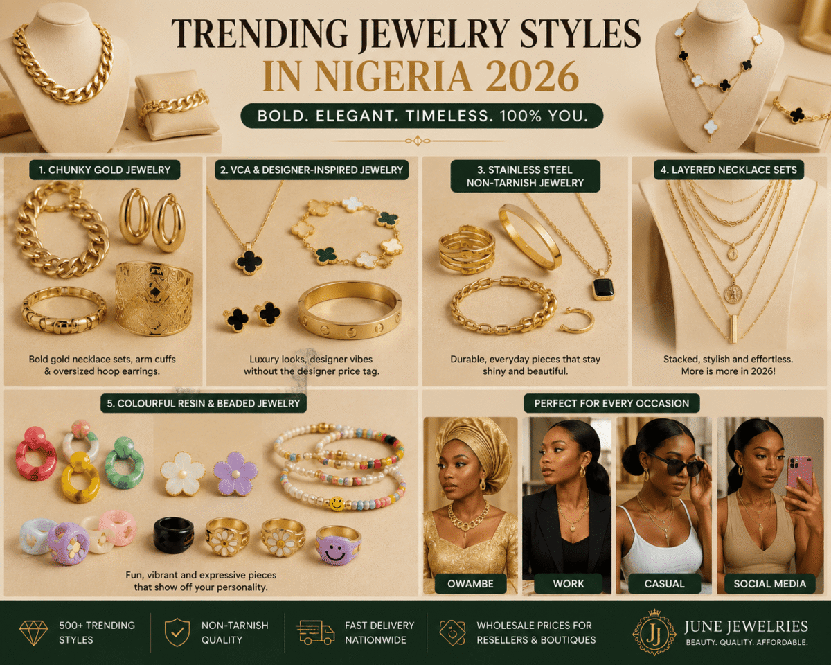 Trending jewelry styles in Nigeria 2026 featuring chunky gold jewelry, layered necklaces, VCA-inspired bracelets, non-tarnish accessories and colourful fashion jewelry – June Jewelries Lagos